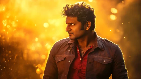 Man in warm golden backlight gazes intensely to side.