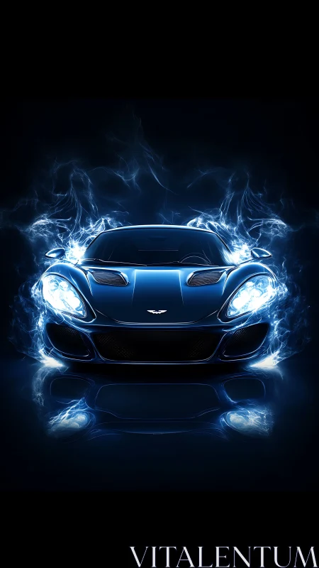 Blue sports car front view with electric light effects.