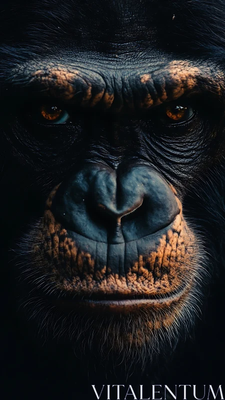 Thoughtful chimpanzee gaze framed in deep shadowed light.