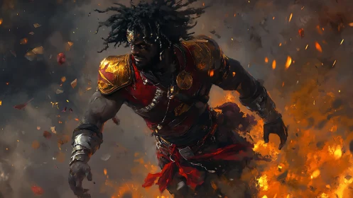 Armored warrior in red traversing smoke and scattered fire.