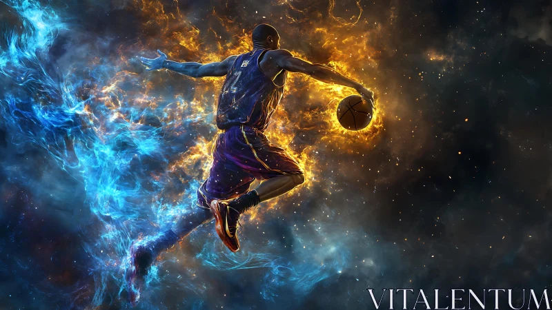 Dynamic basketball dunk framed by blue and orange energy.