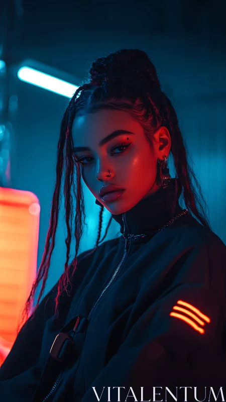 Cyberpunk portrait shows neon-lit woman with braided hair