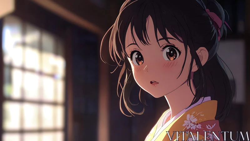 Gentle evening light on a shy girl in a floral kimono.