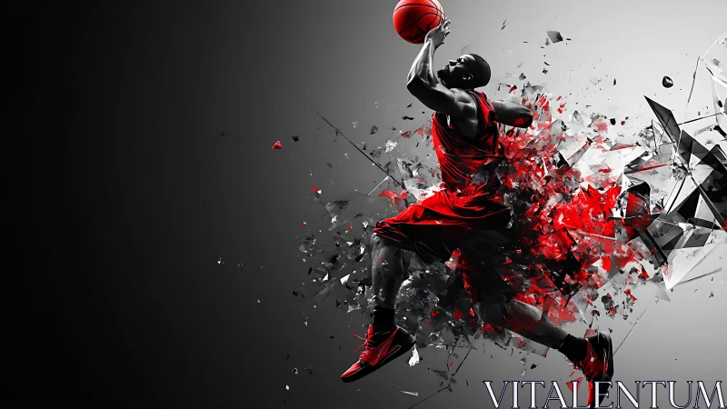 Explosive basketball leap frozen in a storm of red energy.