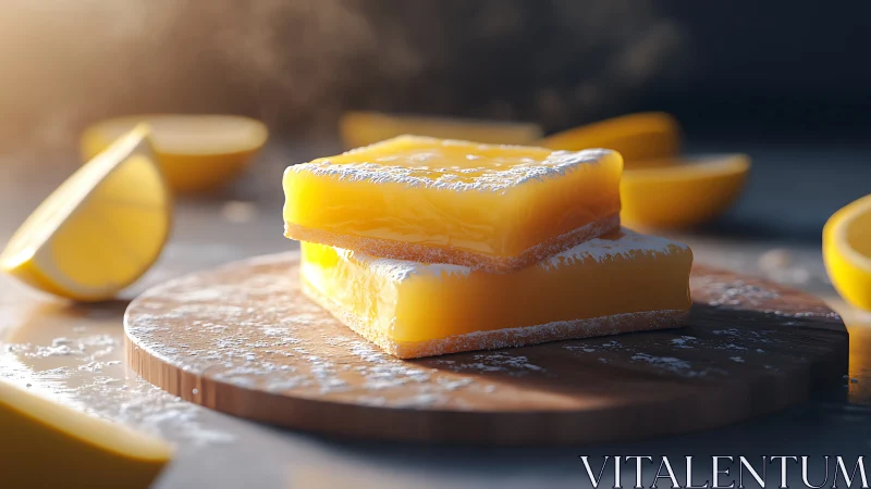 Lemon Bars with Powdered Sugar on Wooden Board.