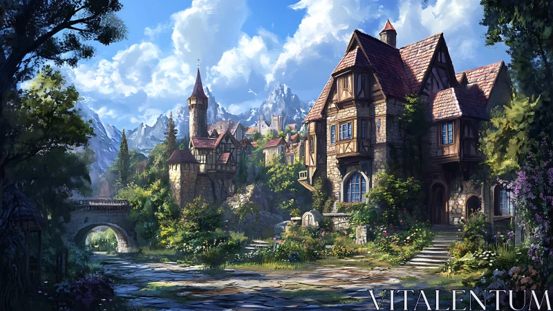 High-detail medieval village street under directional midday light