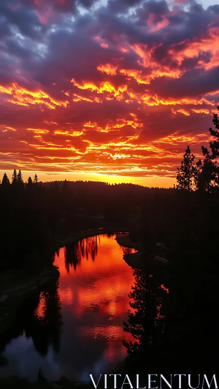 Fiery river sunset reflects blazing clouds in deep silence.