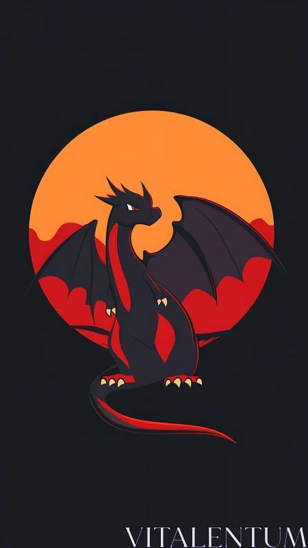 Midnight ember dragon coiled against a molten sunset moon.