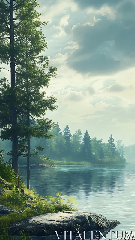 Sunlit conifer shore borders calm reflective forest lake