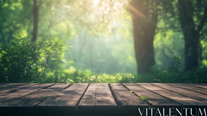Sunlit Wooden Deck in Lush Green Forest with Soft Focus Background.