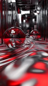 Gleaming chrome spheres drifting through a red liquid dream.