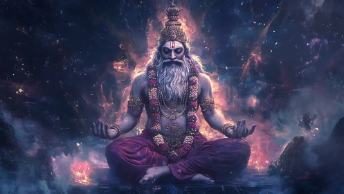 Meditating bearded deity in cosmic glowing environment.