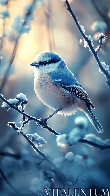 Frost-Kissed Songbird Perches Among Crystalline Winter Branches.