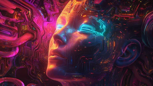 Neon cybernetic face wired into glowing circuit cosmos.