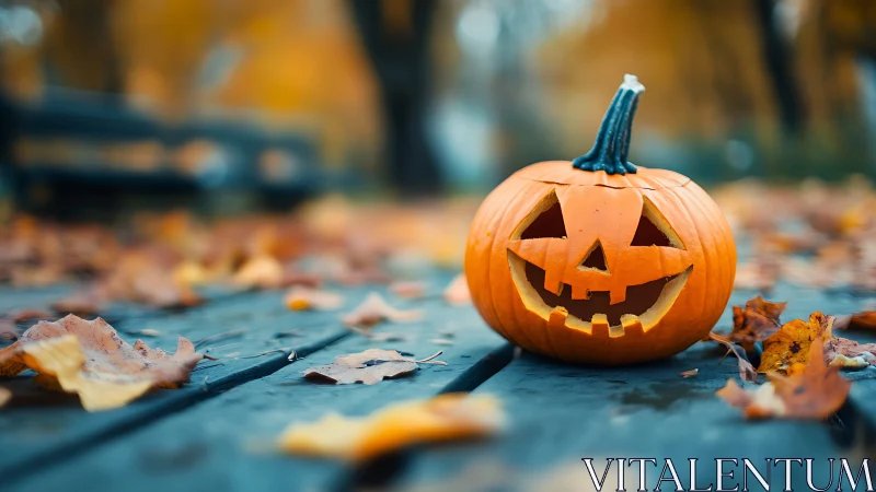 Cheeky park-bench jack o&rsquo; lantern amid drifting autumn hush.