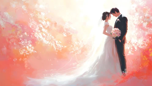 Soft spring light wraps a tender wedding couple in gentle bloom