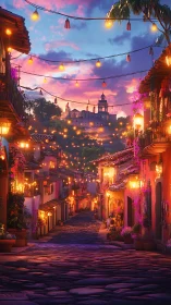 Twilight festival street leads toward illuminated hilltop cathedral