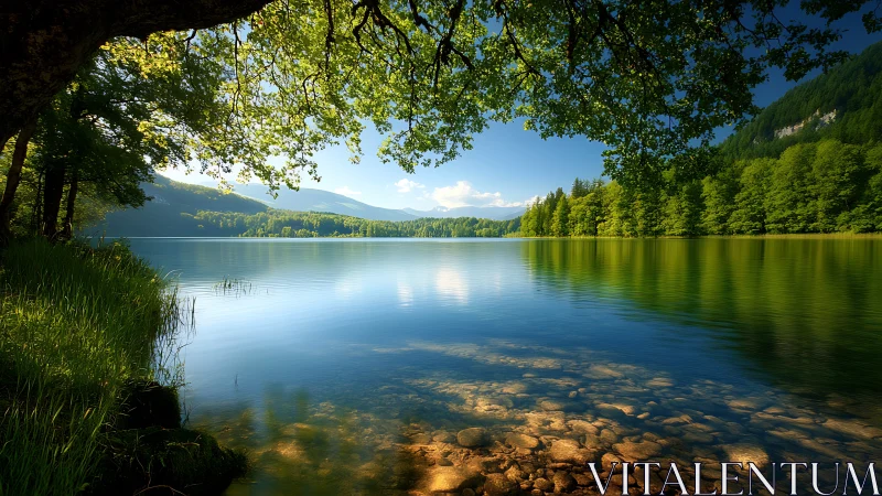 Tranquil mountain lake beneath arching summer foliage.