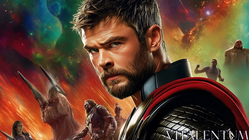 Serious armored hero in space backdrop with warriors.