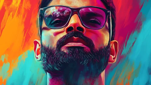 Vibrant bearded portrait in neon duotone digital brushwork.