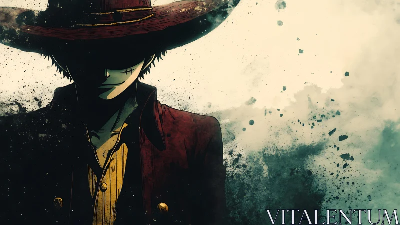 Shadowed anime gunslinger stands in textured storm haze