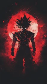 Saiyan warrior silhouette ignites before a blood-red moon.