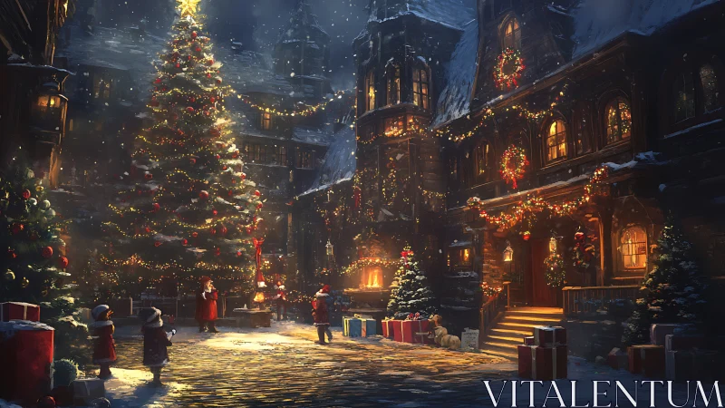 Snowy village square glows under towering decorated Christmas tree