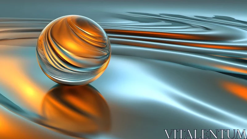 Shimmering Glass Sphere on Metallic Waves, Digital Abstract Art.