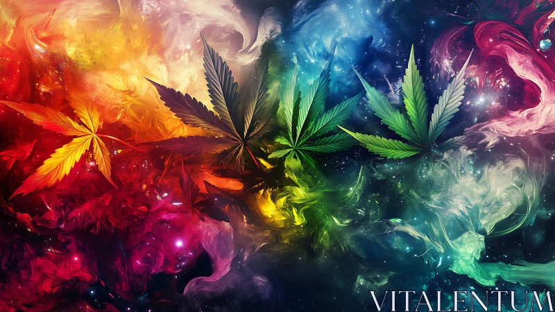 Colored cannabis leaves on swirling multicolor abstract background.