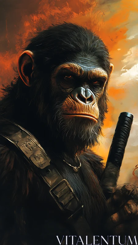 Armored chimpanzee warrior holds weapon before fiery sky