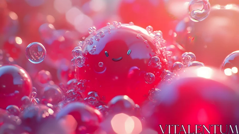 Smiling pink bubble character gleams amid glowing spheres.