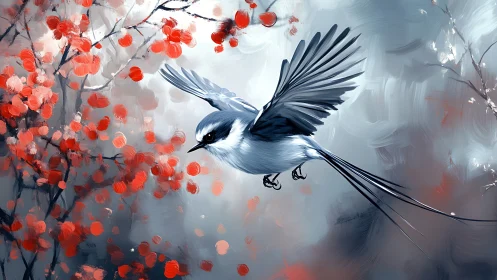 Long-tailed songbird in mid-flight amid red winter berries