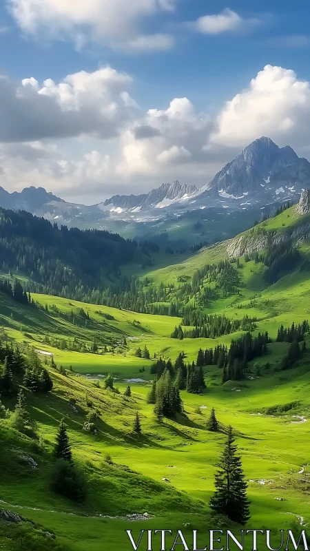 Sunlit alpine valley stretches beneath snowcapped peaks