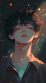 Young dreamer bathed in glowing embers and soft twilight.