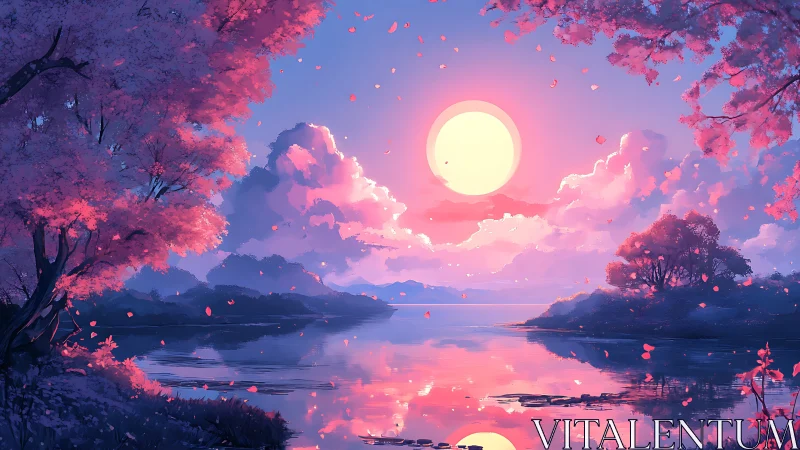 Pink dusk lake landscape under glowing full moon