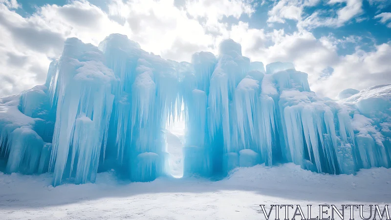 Massive blue ice wall with hanging icicles under sky