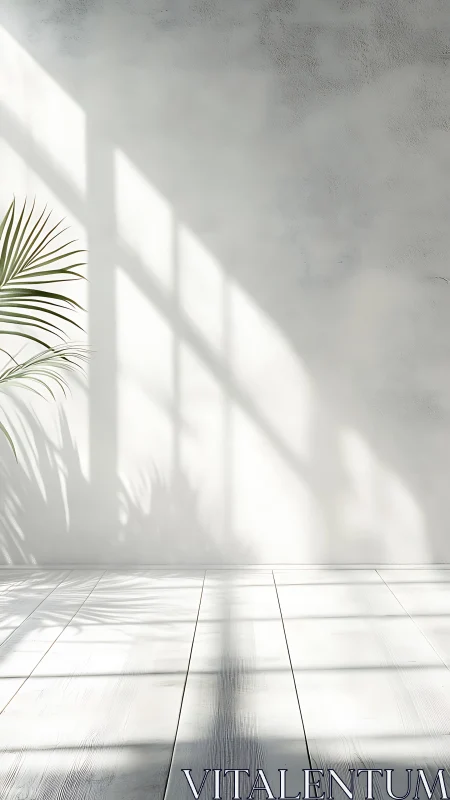 Sunlit minimalist room casts soft palm leaf shadows