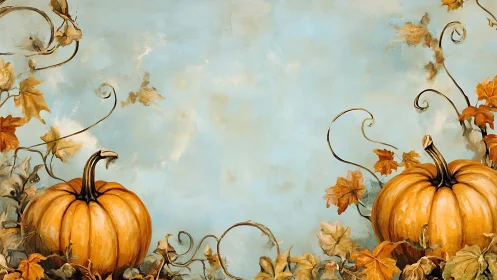 Autumn pumpkins rest amid swirling vines on blue sky backdrop.