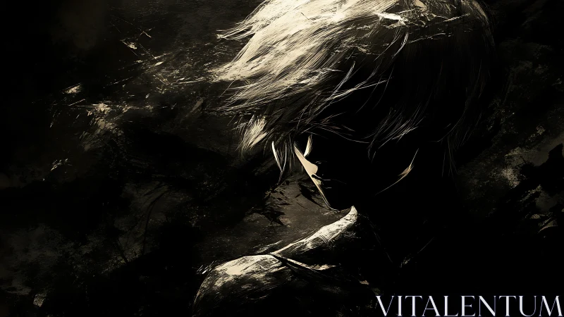 Brooding silhouette boy carved from stormy light and shadow.