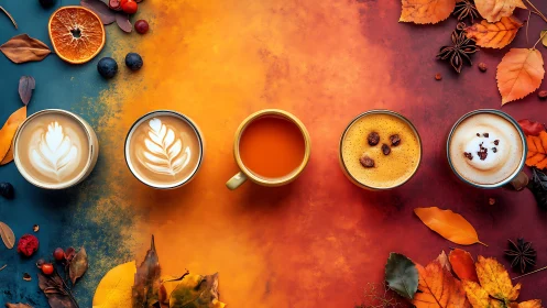 Row of autumn beverages on warm gradient background.