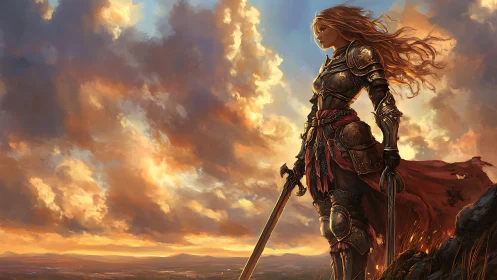 Armored warrior woman at sunset ridge with dual swords poised