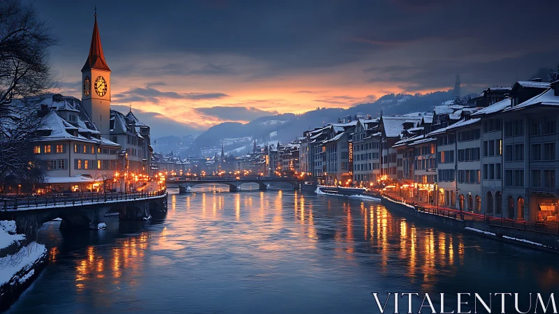Winter riverfront city at dusk with clock tower lights on.