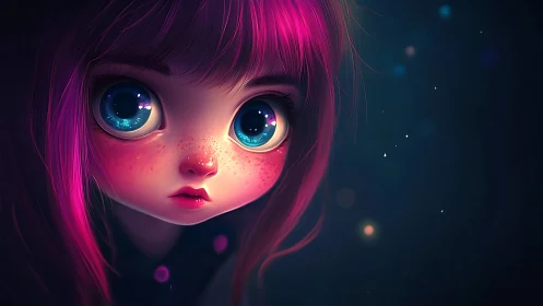 Hyperreal big-eyed girl portrait with neon magenta lighting