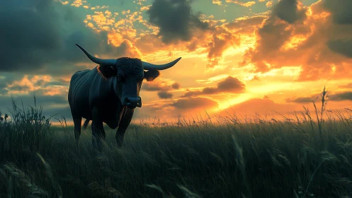 Long-horned bovine standing in tall grass at sunset.