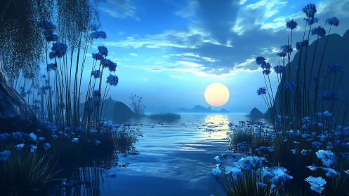 Blue fantasy lake at moonrise with glowing calm water.