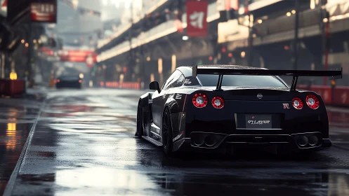 Modified GT-R stands on wet pit lane in overcast light
