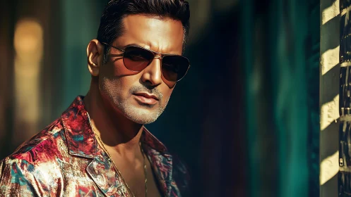 Middle aged man wearing sunglasses poses in moody light