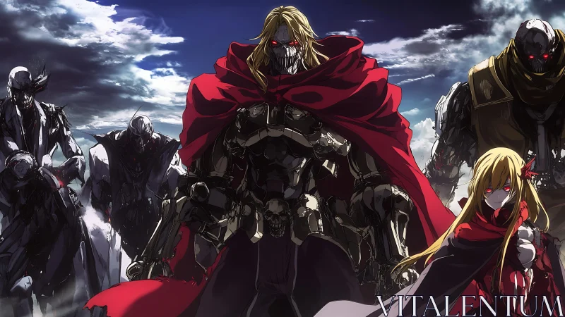 Cyborg warlord squad advances under stormy sky with red cloaks