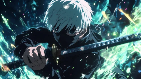 Masked swordsman executes dynamic slash amid luminous debris