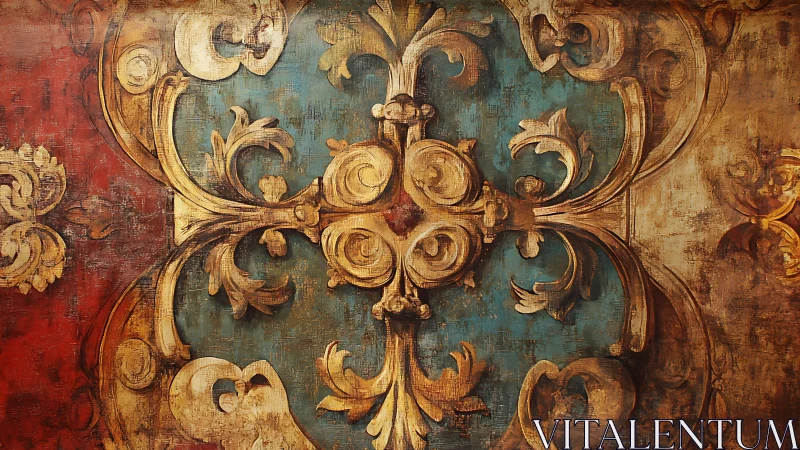 Ornate baroque medallion under warm distressed patina.